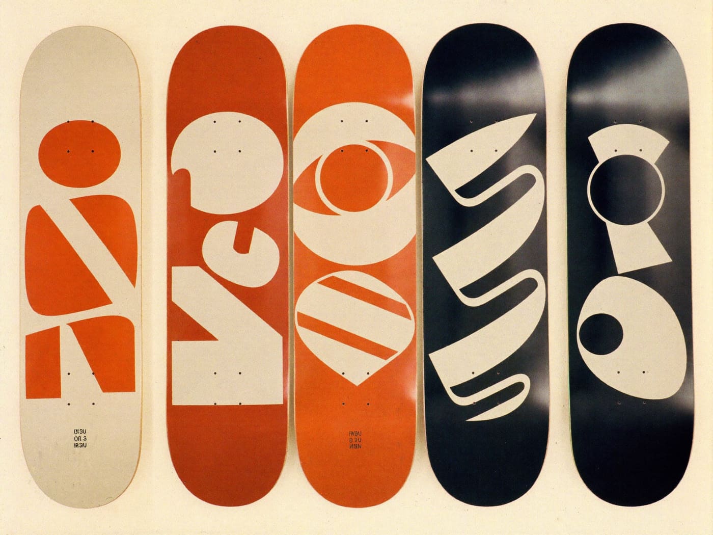 Skateboard deck lineup flat lay