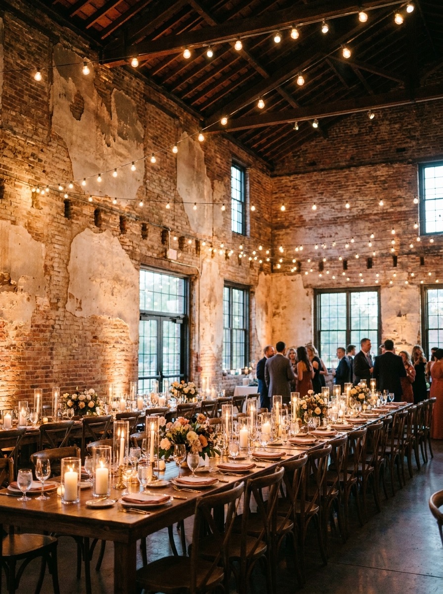 Long tables set under exposed brick and string lights in the Mercantile Hall event room