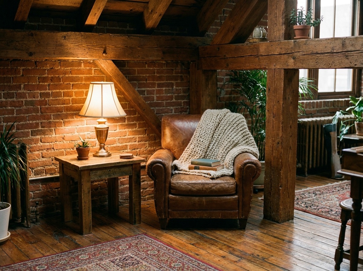 The Charming Loft — a cozy, romantic corner with brick and warm lamplight