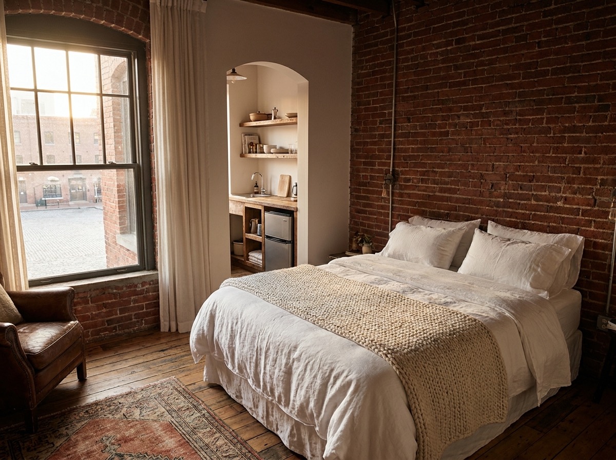 The Honeymoon Loft — queen bed against a brick wall in soft morning light