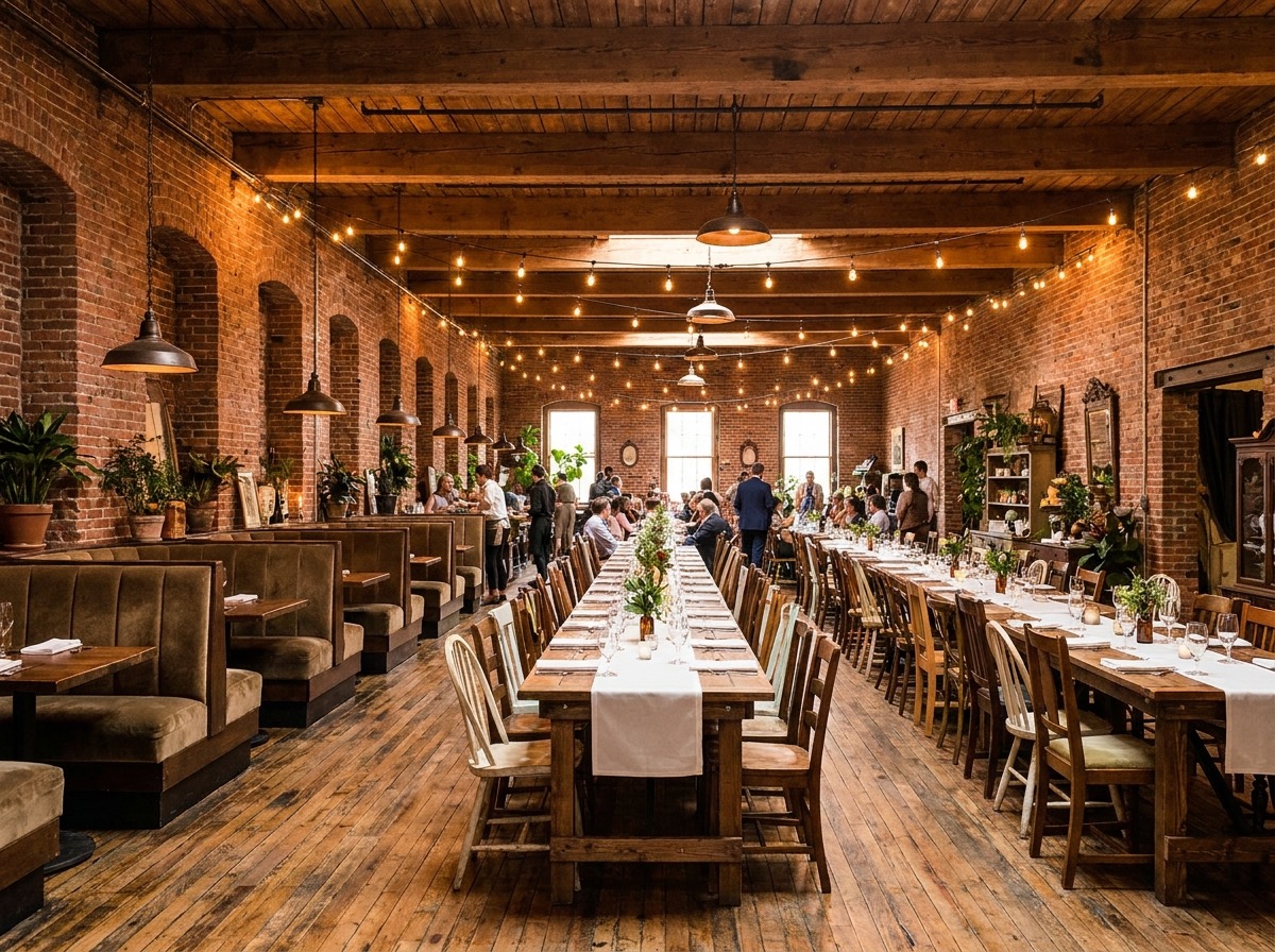 The main event floor arranged for a reception, exposed brick and high ceilings