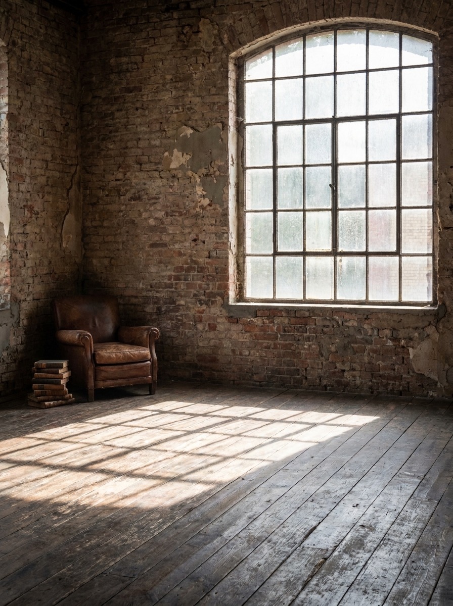 Detail of the aged brick wall and tall window light inside the Mercantile Hall