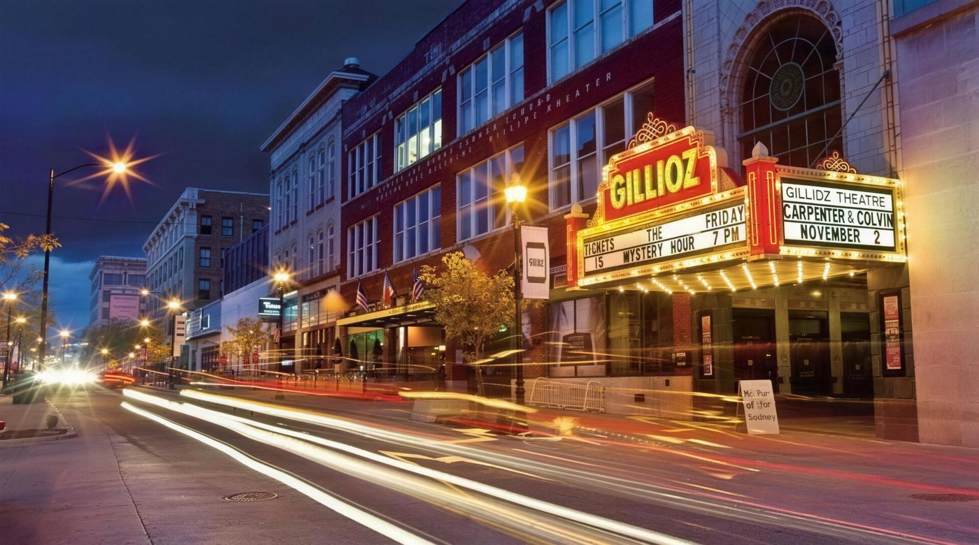 The Gillioz Theatre marquee on Park Central East, downtown Springfield at night