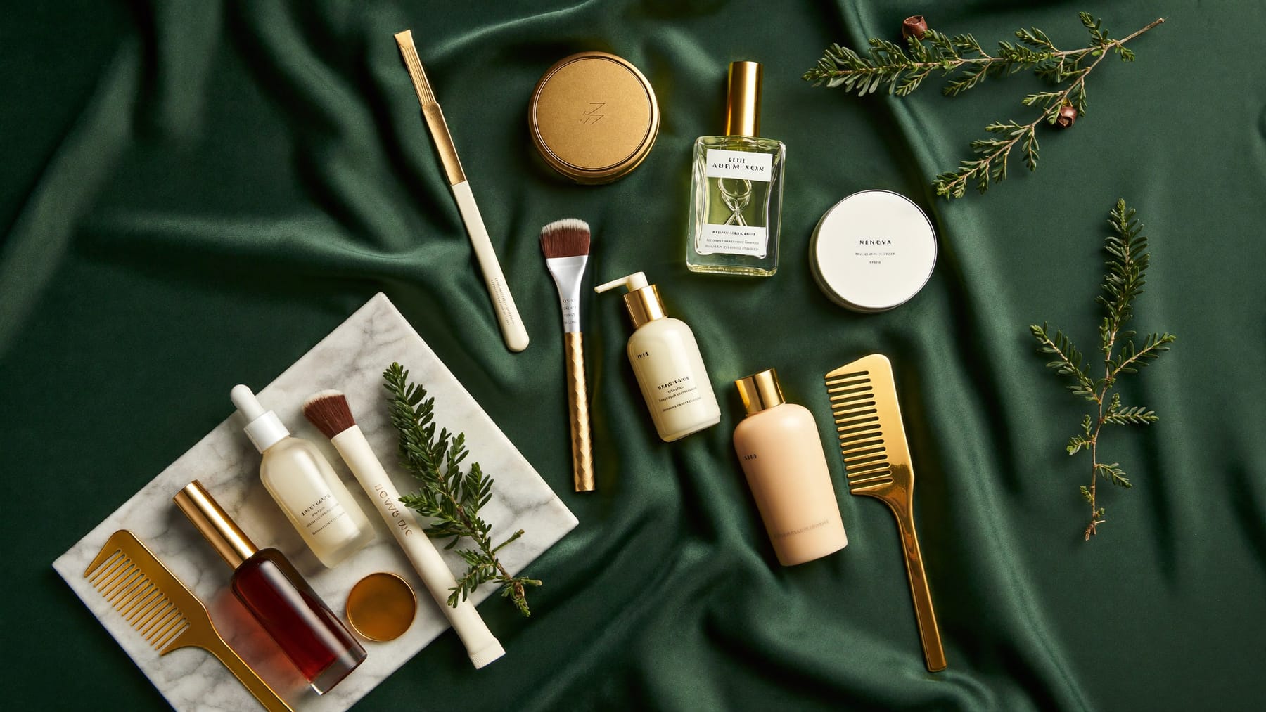 Luxury beauty tools on emerald silk with gold accents