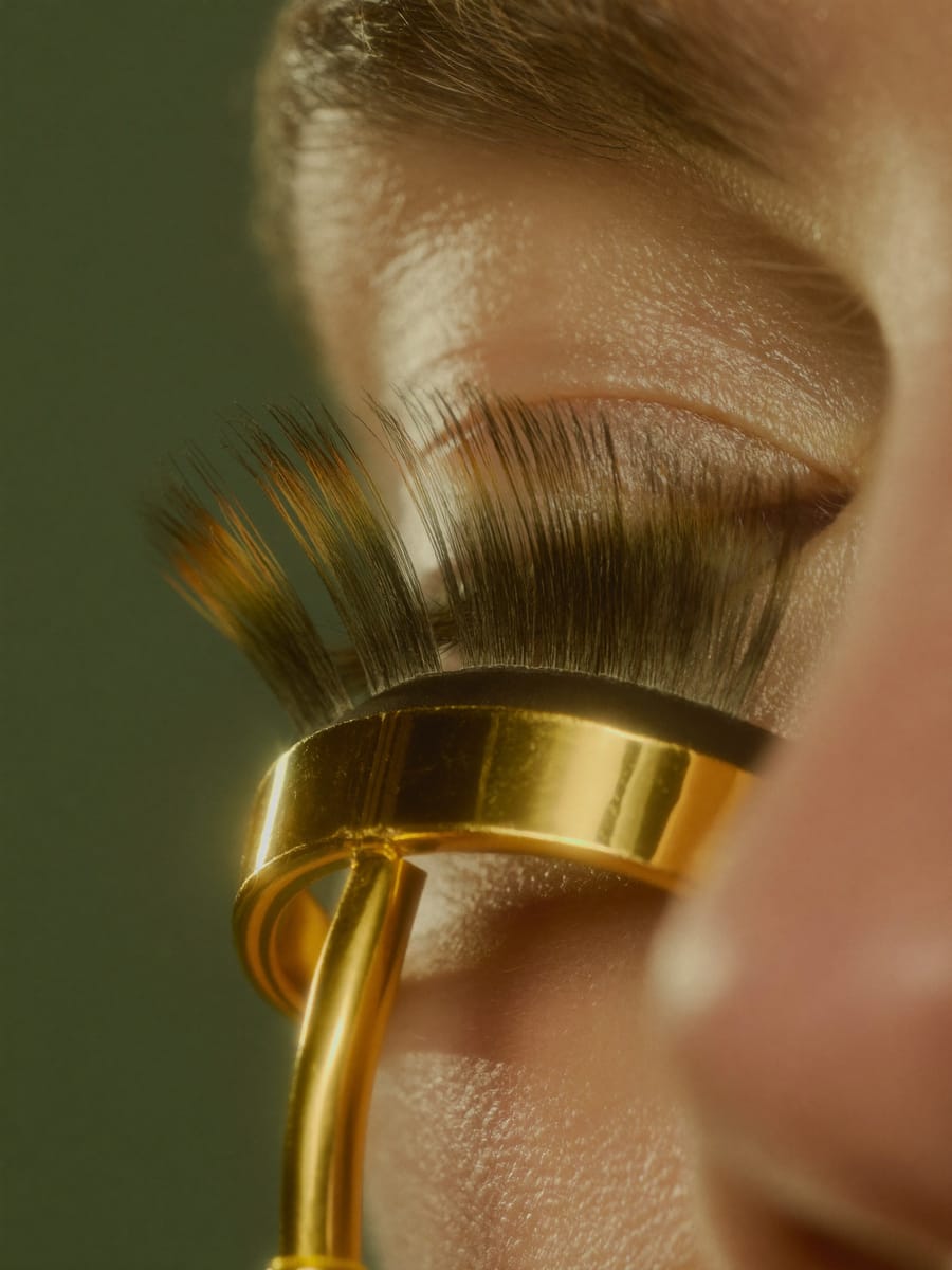 Lash extensions being applied with gold tweezers
