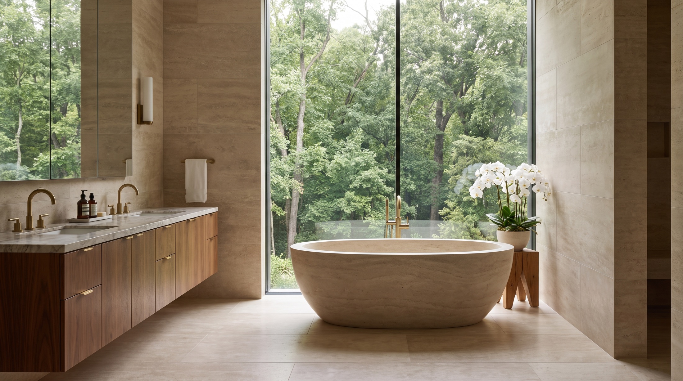 Spa bathroom with freestanding tub and forest view