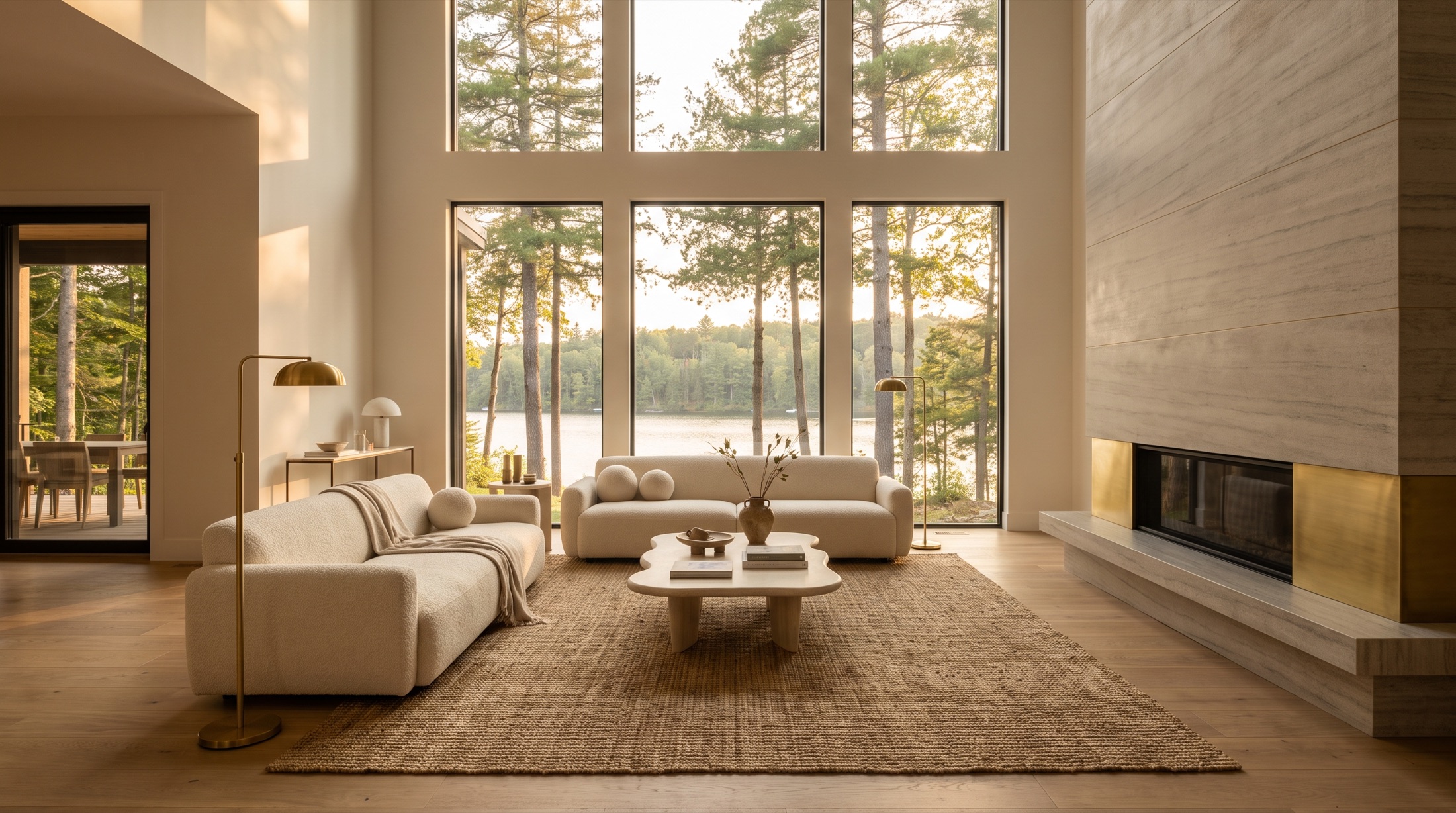 The great room with double-height windows over the lake