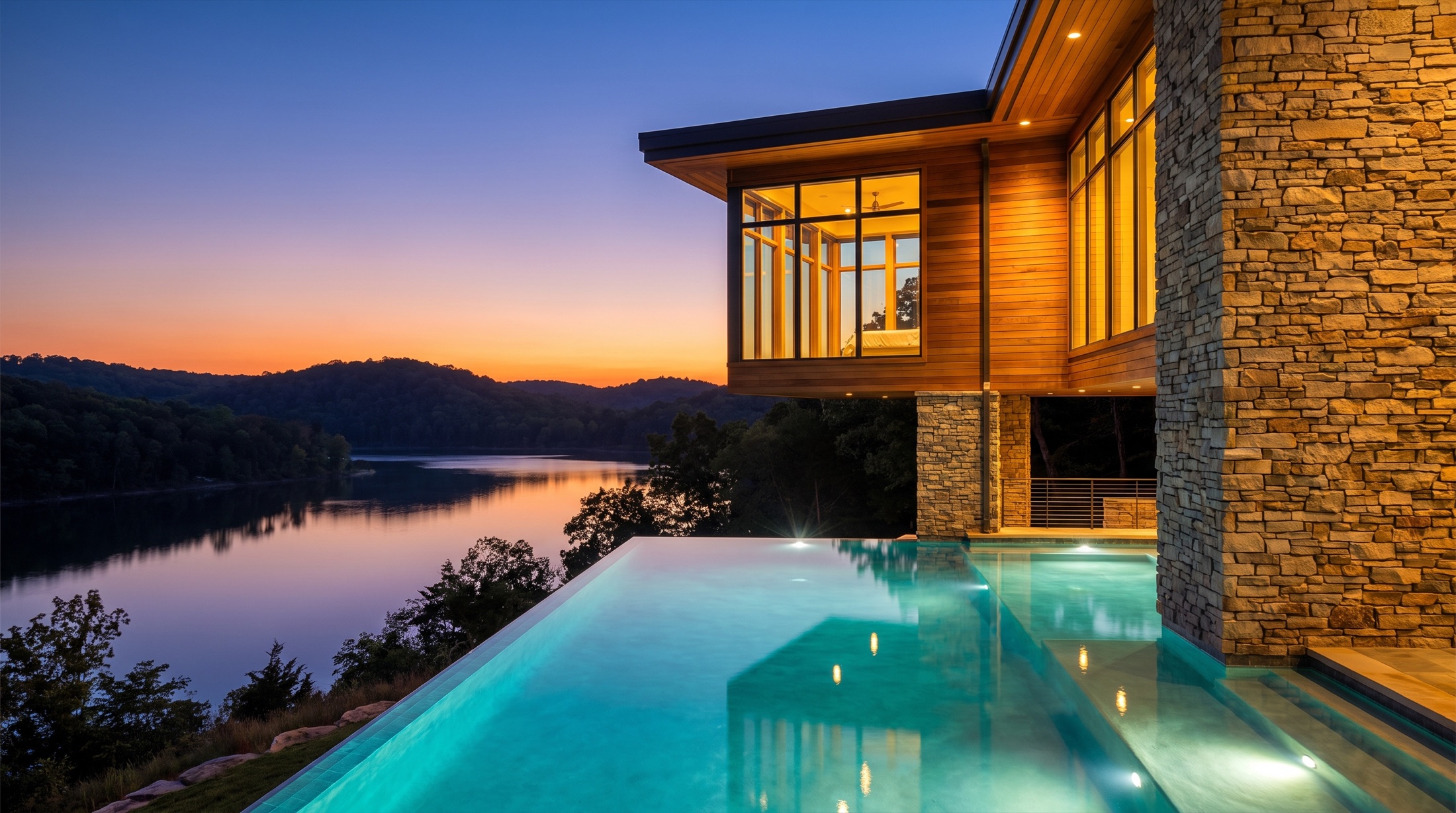 Cedar Point estate at twilight overlooking Table Rock Lake