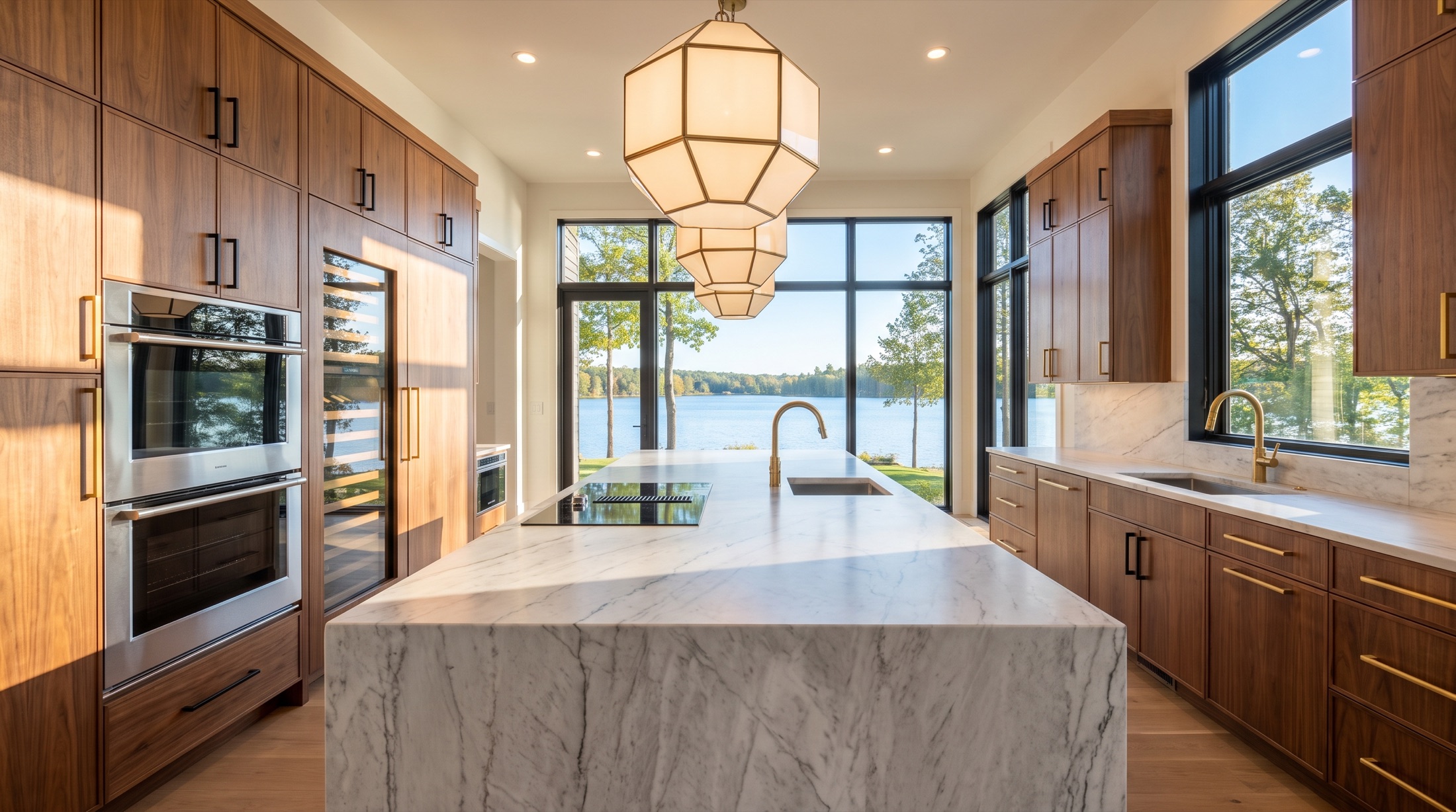Chef's kitchen with marble waterfall island