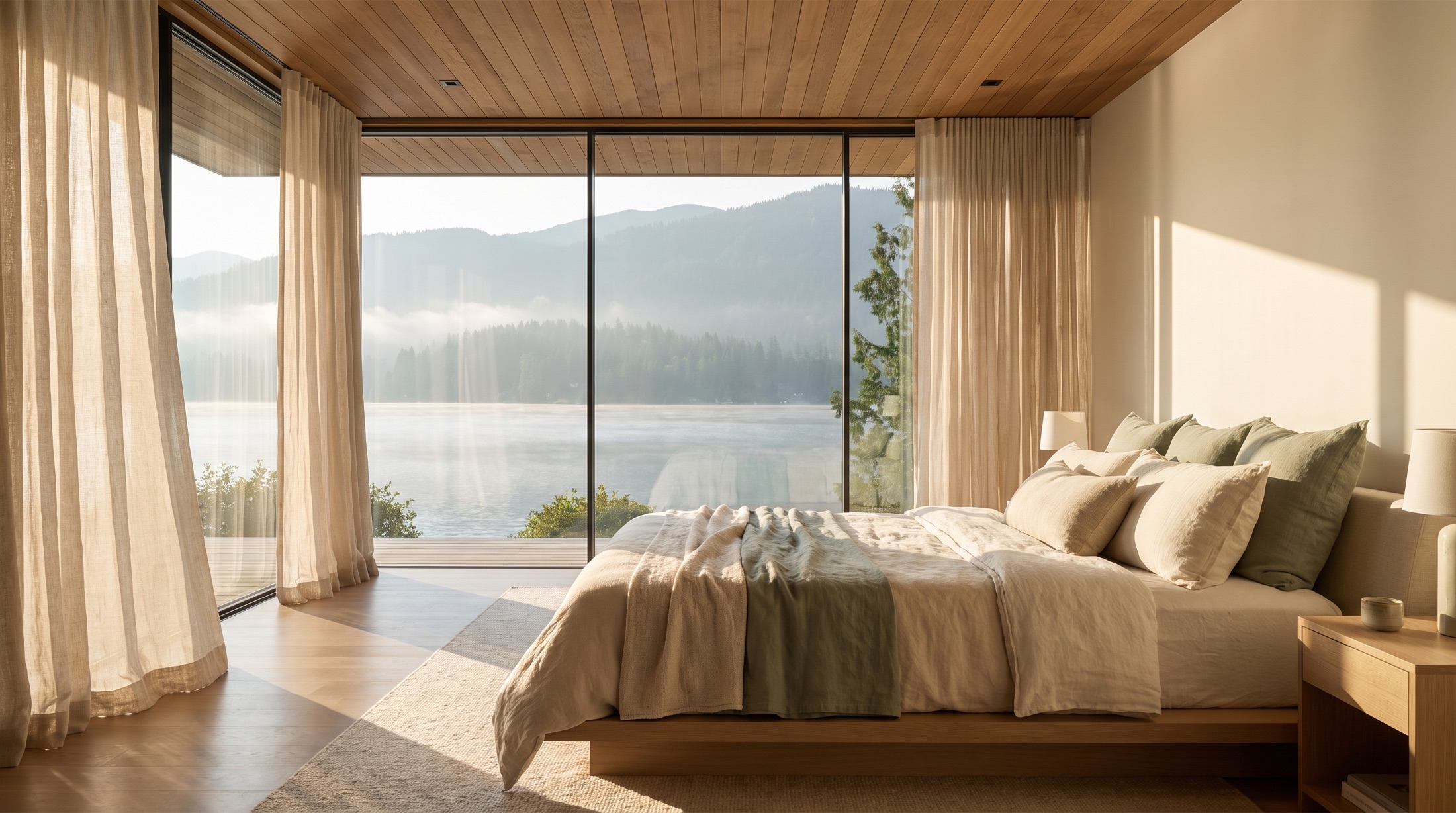Primary suite facing the misty lake at sunrise