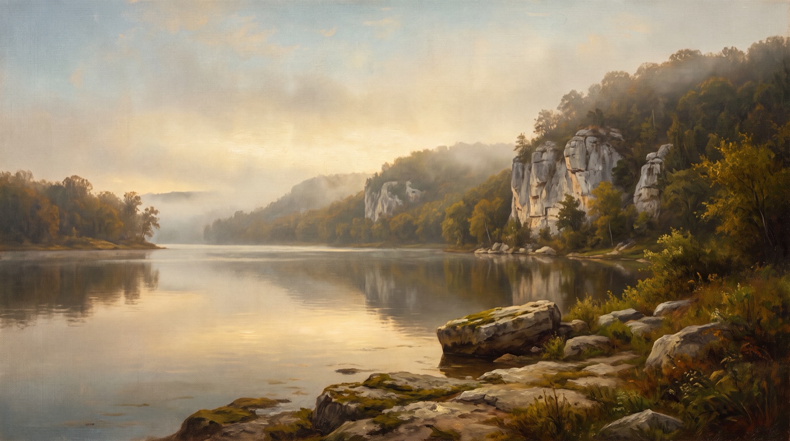 First Light — misty Ozark lake at dawn